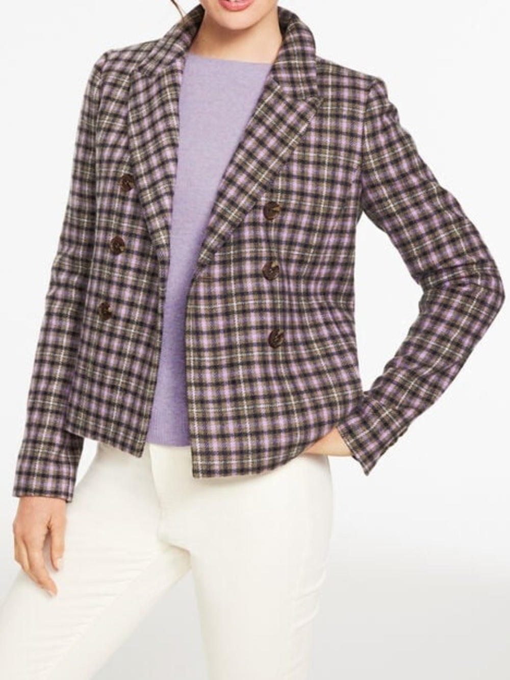 NWT - Talbots Pemberley Plaid Double Breasted Wool Blend Blazer Purple 6P